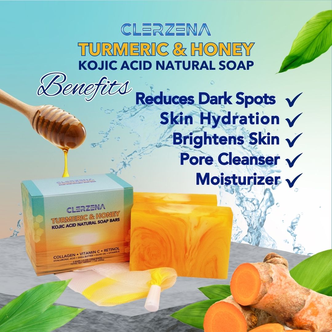 CLERZENA 1 Kojic Acid and Turmeric Soap Bars for Dark Spots | Vitamin C & E Collagen Retinol Honey Oil