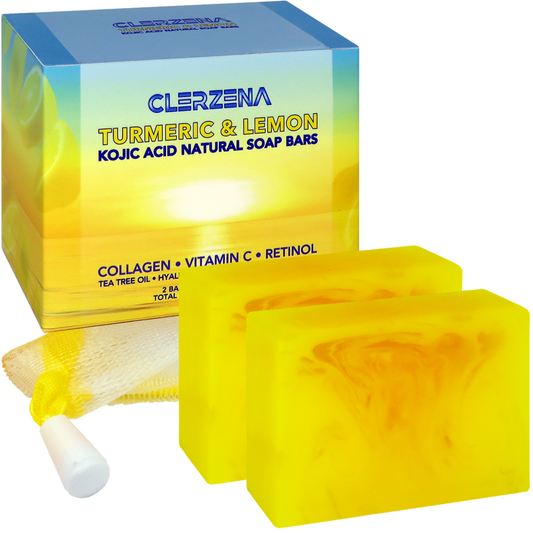 CLERZENA 2 Lemon Turmeric Kojic Acid Soap Bars for Dark Spots | Vitamin C & E, Retinol, Collagen, Tea Tree Oil | Spot Treatment for Face Bath Soap Bars | All Natural Soap Bar Face Soap for Women & Men