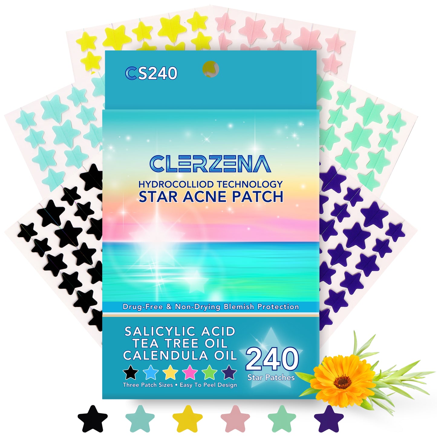 CLERZENA 4 Star Pimple Patches for Face | Star Acne Patches Cute Pimple Patches Salicylic Acid, Tea Tree Oil and Calendula Oil | Pimple Patch Star Teen Acne Treatment for Girls